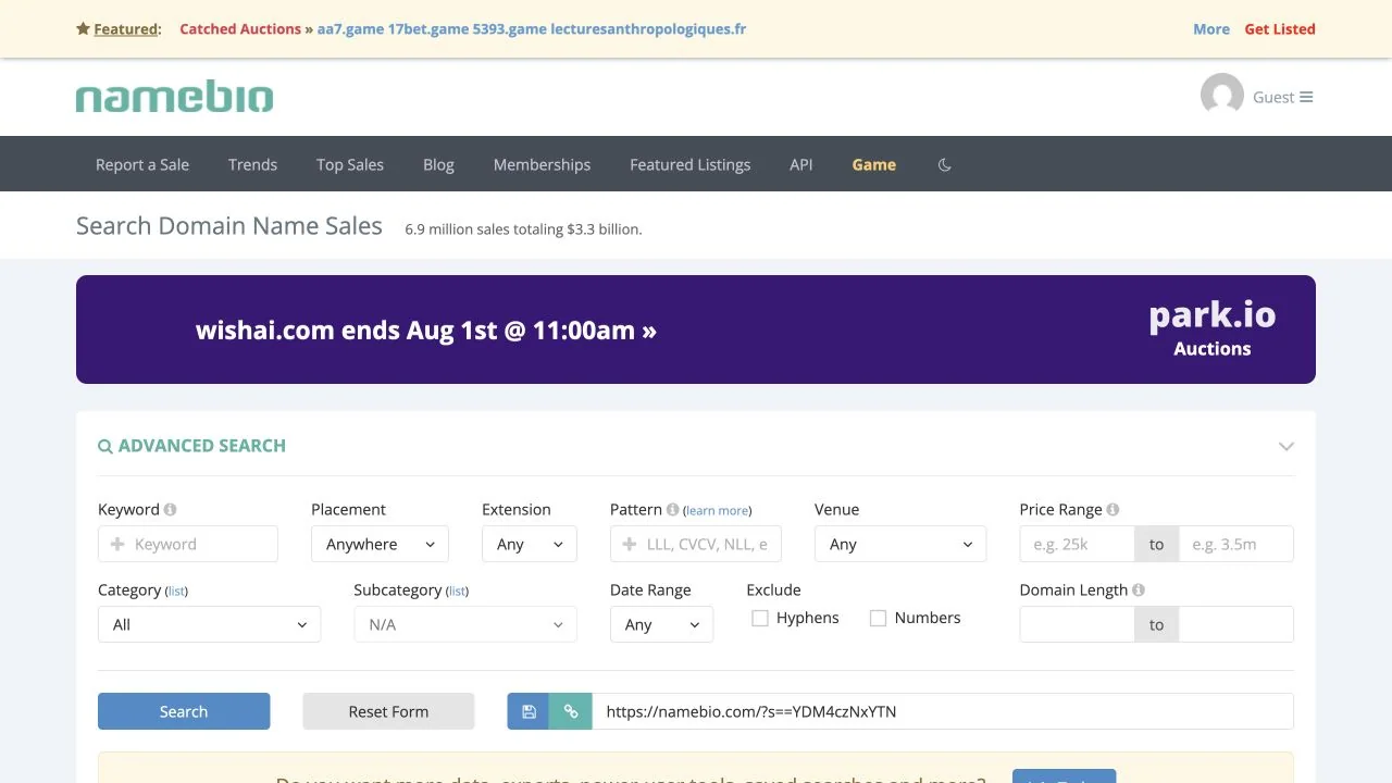 NameBio product interface