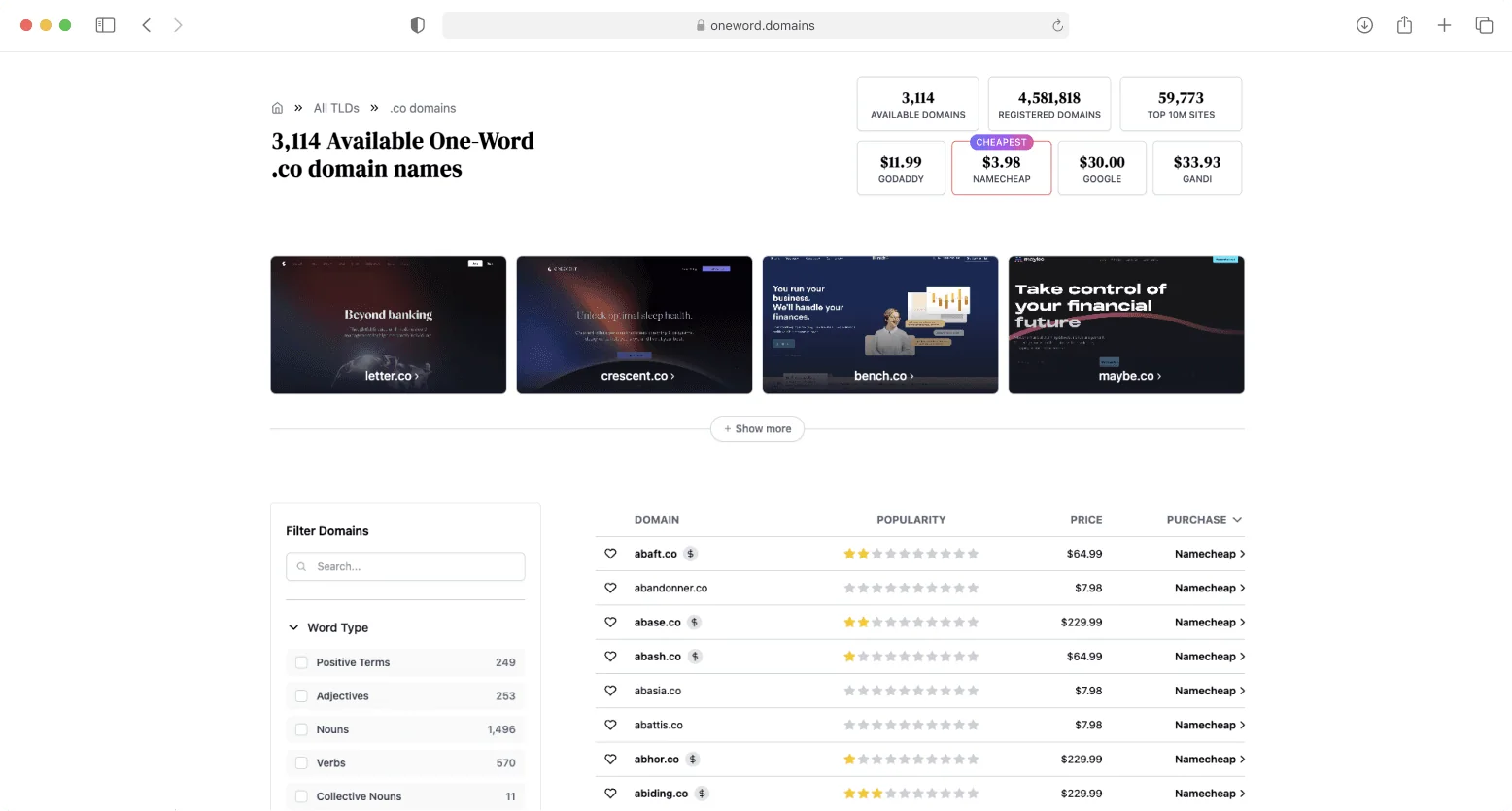 One Word Domains product interface
