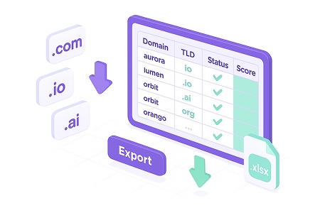 Export one-word domain search results to CSV for analysis