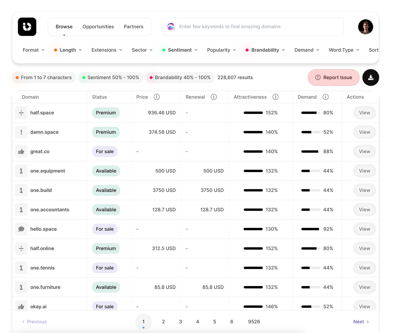 Database of available one-word domains with TLDs, prices, and popularity metrics