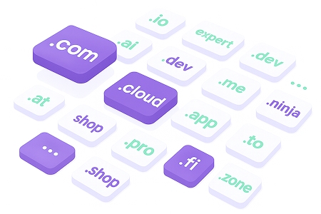 Grid of domain extensions showing millions of one-word domains across TLDs